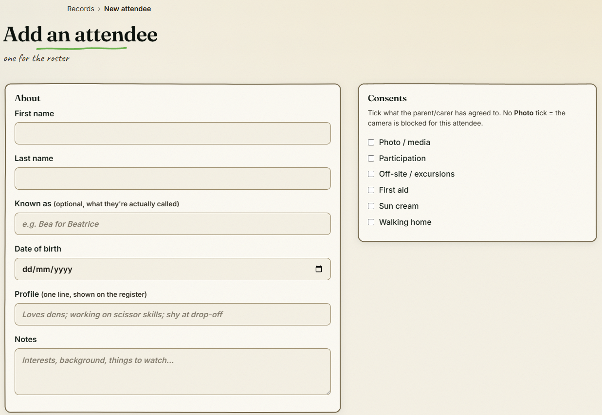 Adding an attendee, with the consents card