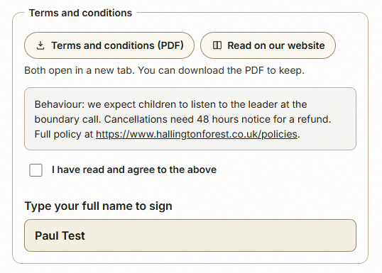 What the person booking sees: the terms, the tick and the signature