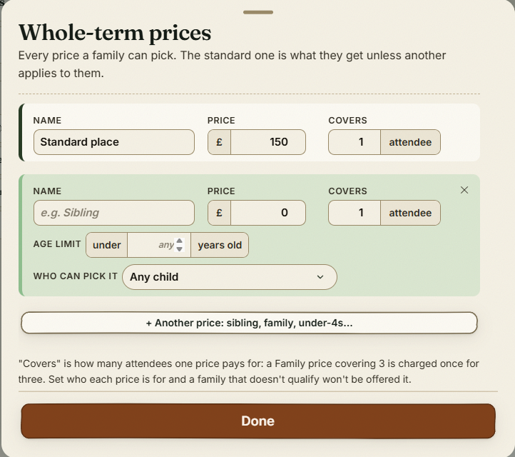 A named price with its age limit and who can pick it