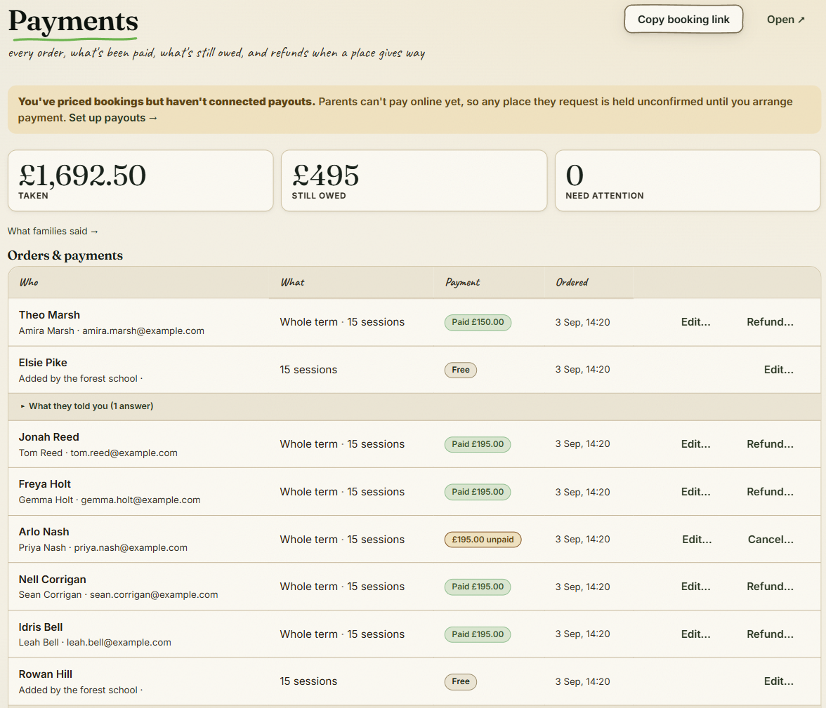Payments: what's been taken, what's owed, and every order