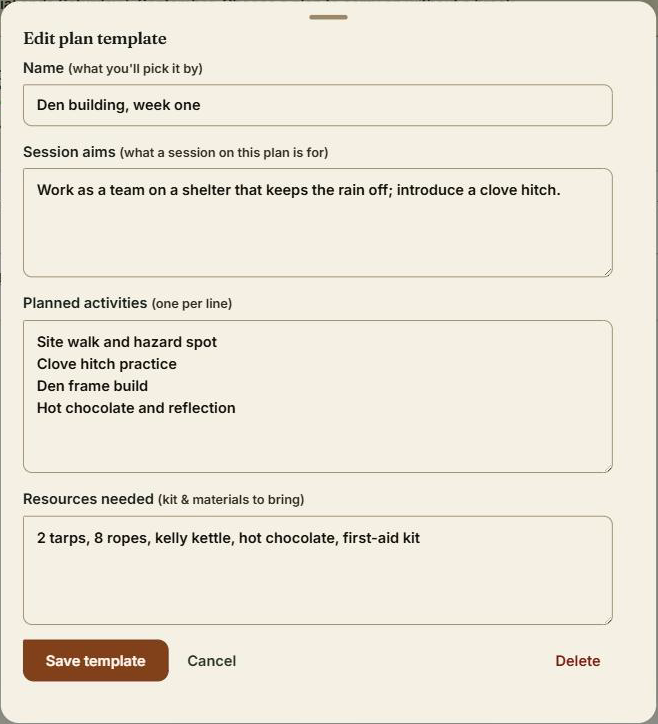 The plan templates table under Settings, with one template open
