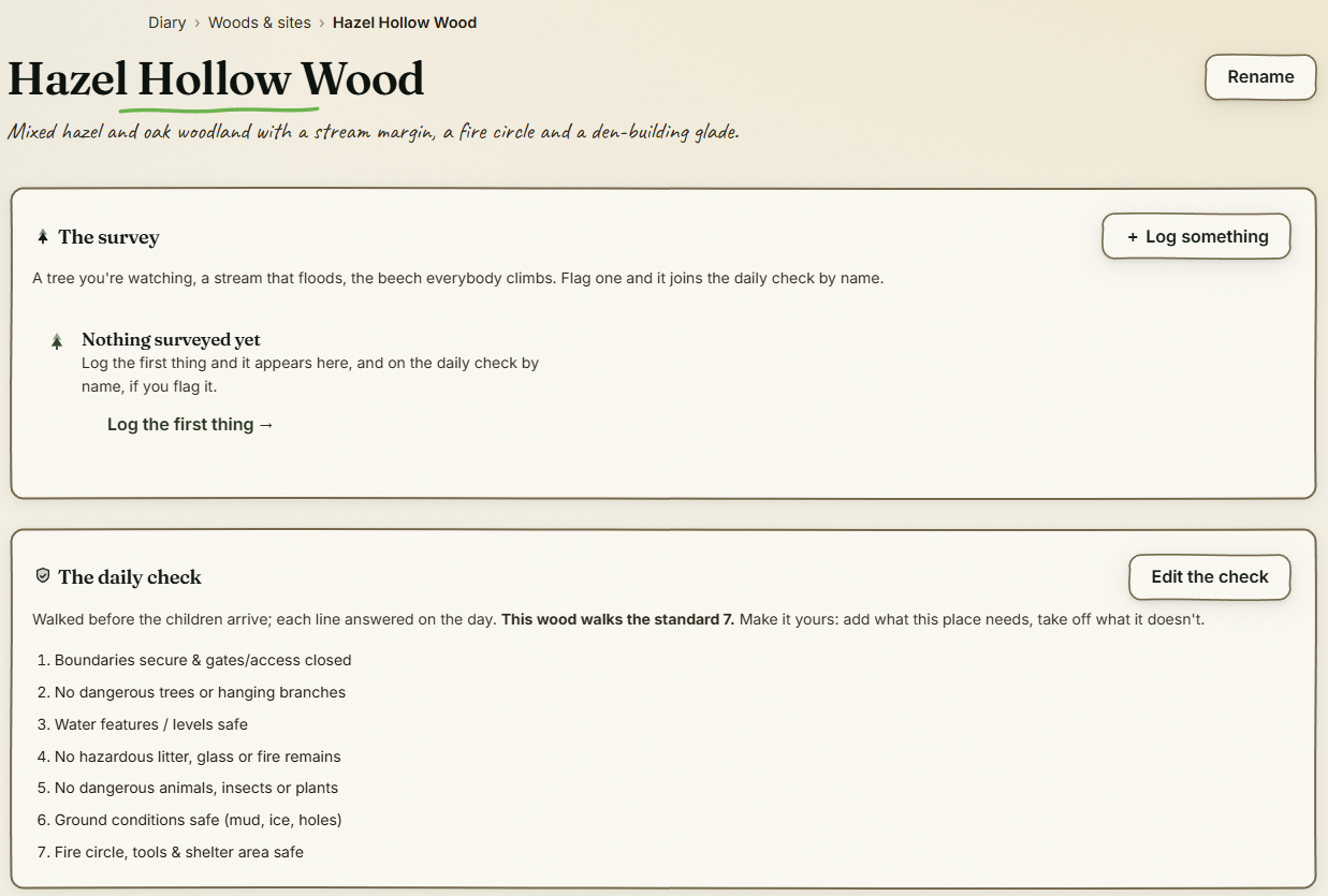 The wood's page: the survey and the daily check