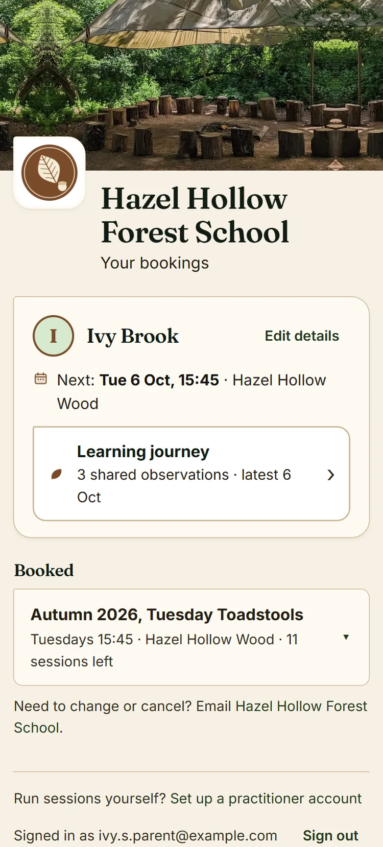 A family's bookings page with the forest school's own logo and photo at the top, then the child's next session and learning journey.