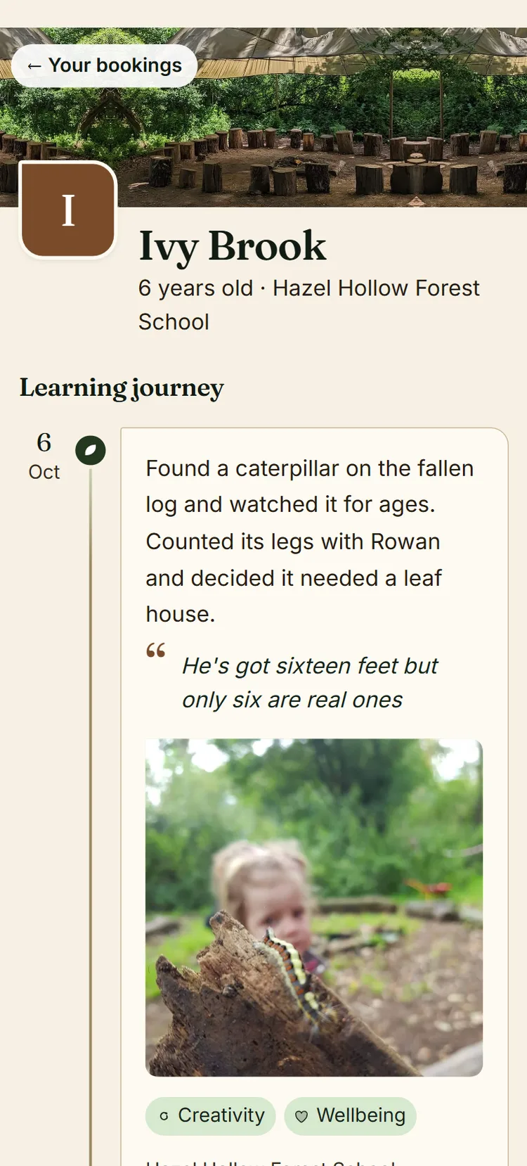 A parent's view of their child's learning journey, under the forest school's own cover photo: what she did, her own words, a photo and the development areas.