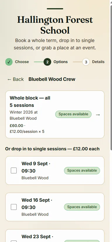 The parent's view of a booking link: take the whole block of sessions, or drop in to single dates, with spaces shown for each.