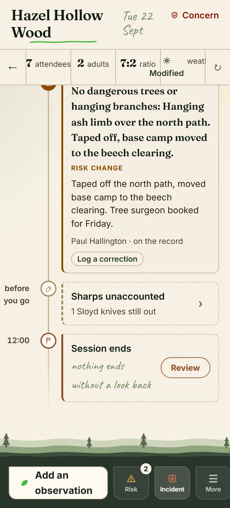 The end of the day-log: the site check signed off, a sharp still to count back in before anyone leaves, and the review waiting.
