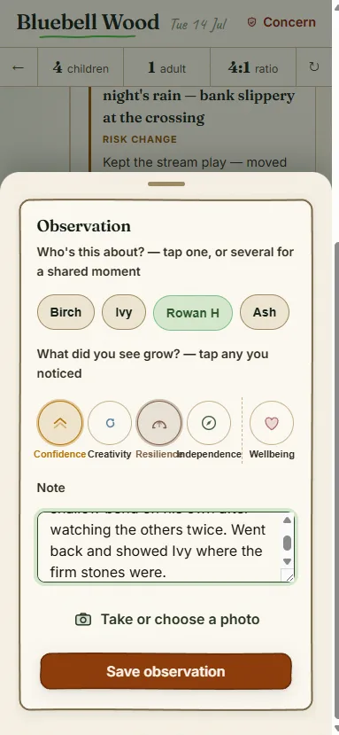 Capturing an observation: tag the child, tap the development areas it shows, and add a consented photo.