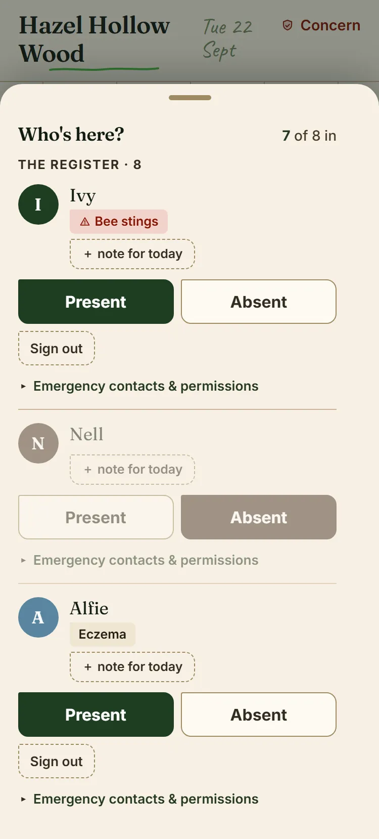 The register on a phone: each child marked present, absent or left early, with their allergies and medication shown by their name.