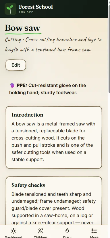 A tool procedure open in the woods: the bow saw, its PPE, and the safety checks to run before it's handed over.