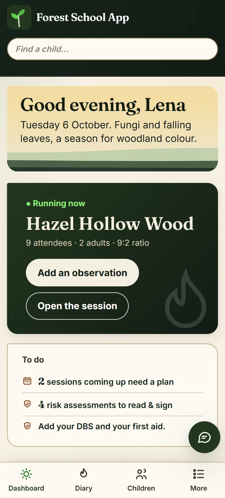 A leader's dashboard with the usual look: a greeting over drawn hills, a dark session card and a seasonal note